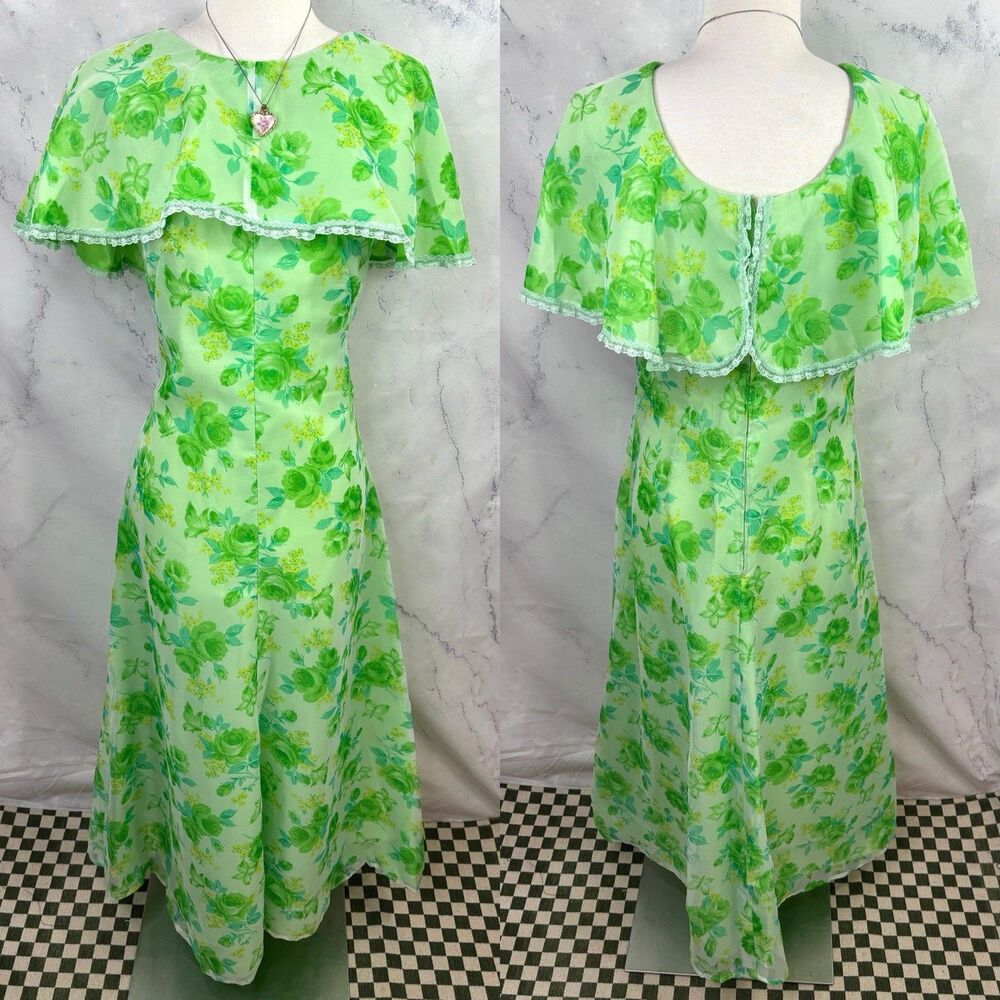 Vintage 70s Green Floral Dress M maxi festival prairie prom Garden Fairy 60s 💚